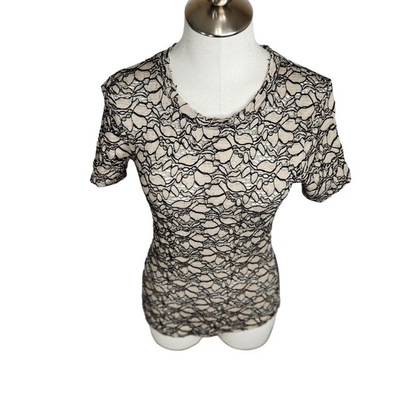 Babaton Aritzia Short Sleeve Knit Floral Embroidered Top Women's Small Tan Black - Picture 1 of 9